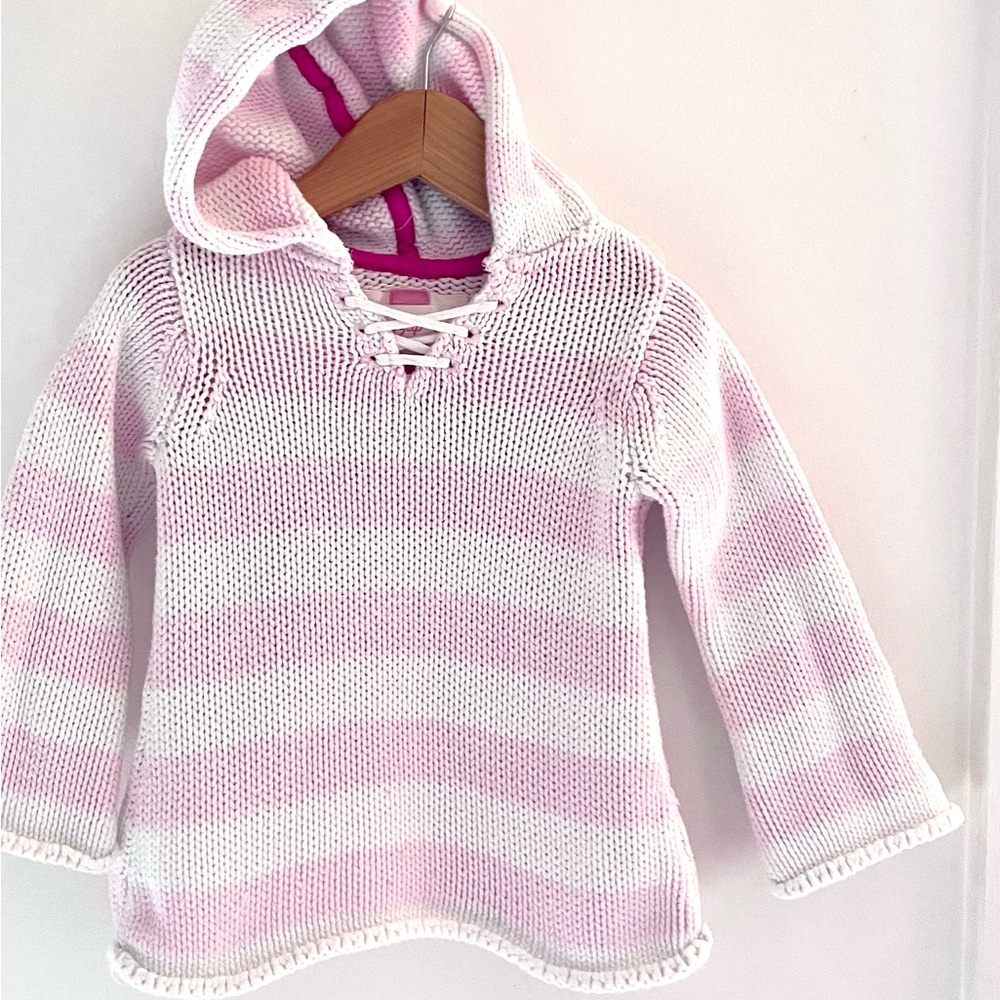 $5 💥NEW Gap Chunky Knit Pullover Hooded Sweater, Wide Pink & White Stripes